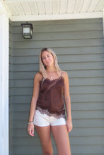 Load image into Gallery viewer, Silk Lace Trim Cami Top – Satin Spaghetti Strap Lace Tank Top (Black, Ivory, Mocha) | Elegant Lace Camisole