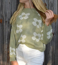 Load image into Gallery viewer, Green Daisy Knit Sweater – Floral Crewneck Pullover - Juniper