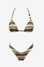 Load image into Gallery viewer, Two-piece triangle bikini set with a brown, beige, and white tie-dye pattern, shown against a plain white background.