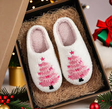 Load image into Gallery viewer, Pair of white slippers with pink tree design in a decorative box with Christmas decorations.