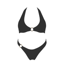 Load image into Gallery viewer, A black halter bikini top with gold ring detail and high-cut bottoms with side ring accent.