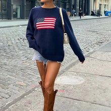 Load image into Gallery viewer, White Preppy American Flag Sweater