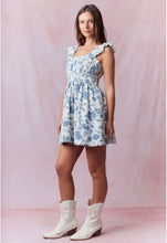 Load image into Gallery viewer, Blue Toile Ruffle Strap Mini Dress