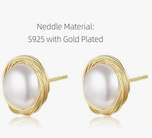 Load image into Gallery viewer, Gold and pearl earrings with S925 and gold plating information on a white background