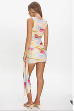 Load image into Gallery viewer, Pastel watercolor mesh ruched mini dress with sleeveless high neckline, bodycon fit, and draped side tie for summer parties and vacations.