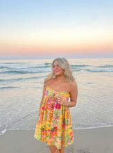 Load image into Gallery viewer, Yellow & Pink Floral Mini Dress – Summer Spaghetti Strap Sundress
