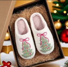 Load image into Gallery viewer, Pair of white slippers with Christmas tree design in a decorative box.