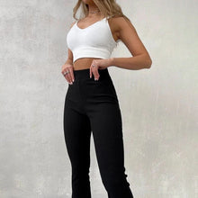 Load image into Gallery viewer, Ribbed Flare Leggings – Black & Tan | High-Waisted, Stretchy, & Trendy