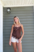 Load image into Gallery viewer, Silk Lace Trim Cami Top – Satin Spaghetti Strap Lace Tank Top (Black, Ivory, Mocha) | Elegant Lace Camisole