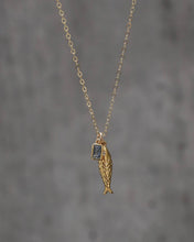 Load image into Gallery viewer, Gold Fish Charm Necklace with Blue Crystal | Coastal Layering Necklace