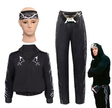 Load image into Gallery viewer, A set of costumes including a black biker jacket with silver detailing, black pants with silver detailing, and a headpiece, displayed on mannequins and a person wearing the costume.