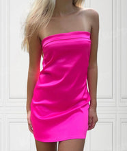 Load image into Gallery viewer, A pink satin strapless homecoming dress with an open back design, displayed on a mannequin.