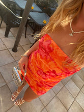 Load image into Gallery viewer, Orange & Pink Floral Strapless Bodycon Mini Dress – Ruched Tube Dress