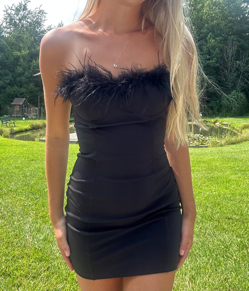 Black Bodycon Dress with Feathers – Juniper