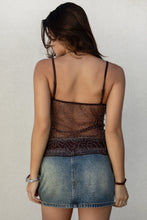 Load image into Gallery viewer, Woman wearing a sheer top and denim skirt against a plain background