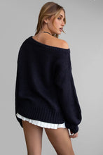 Load image into Gallery viewer, Midnight muse navy off-the-shoulder knit sweater