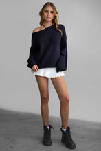 Load image into Gallery viewer, Midnight muse navy off-the-shoulder knit sweater