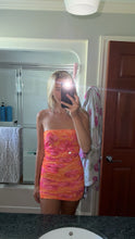 Load image into Gallery viewer, Orange & Pink Floral Strapless Bodycon Mini Dress – Ruched Tube Dress - Juniper