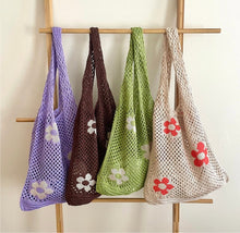 Load image into Gallery viewer, Crochet Floral Tote Bag shoulder bag knitted for women gift present flowers hippy hippie minimalist aesthetic vintage boho retro school book - Juniper