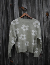 Load image into Gallery viewer, Green Daisy Knit Sweater – Floral Crewneck Pullover - Juniper
