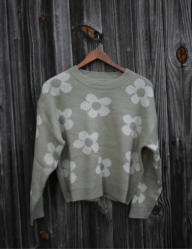 Green Daisy Knit Sweater – Floral Crewneck Pullover - Juniper