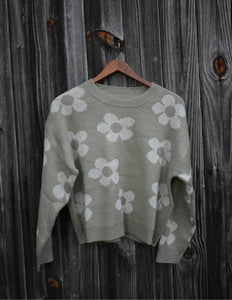 Green Daisy Knit Sweater – Floral Crewneck Pullover - Juniper