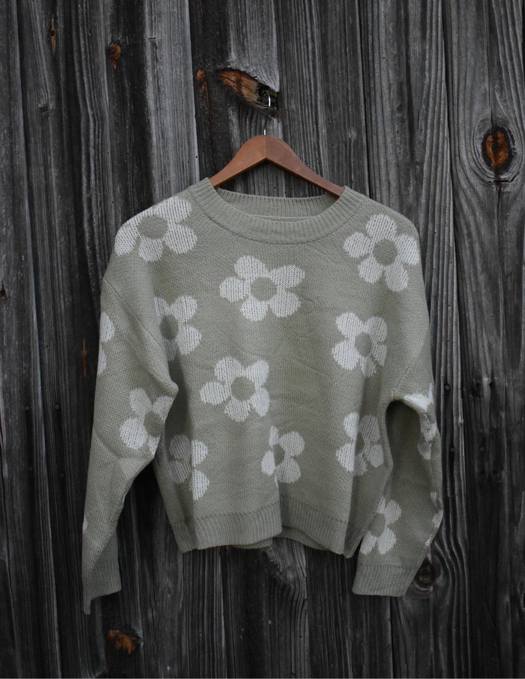 Green Daisy Knit Sweater – Floral Crewneck Pullover - Juniper