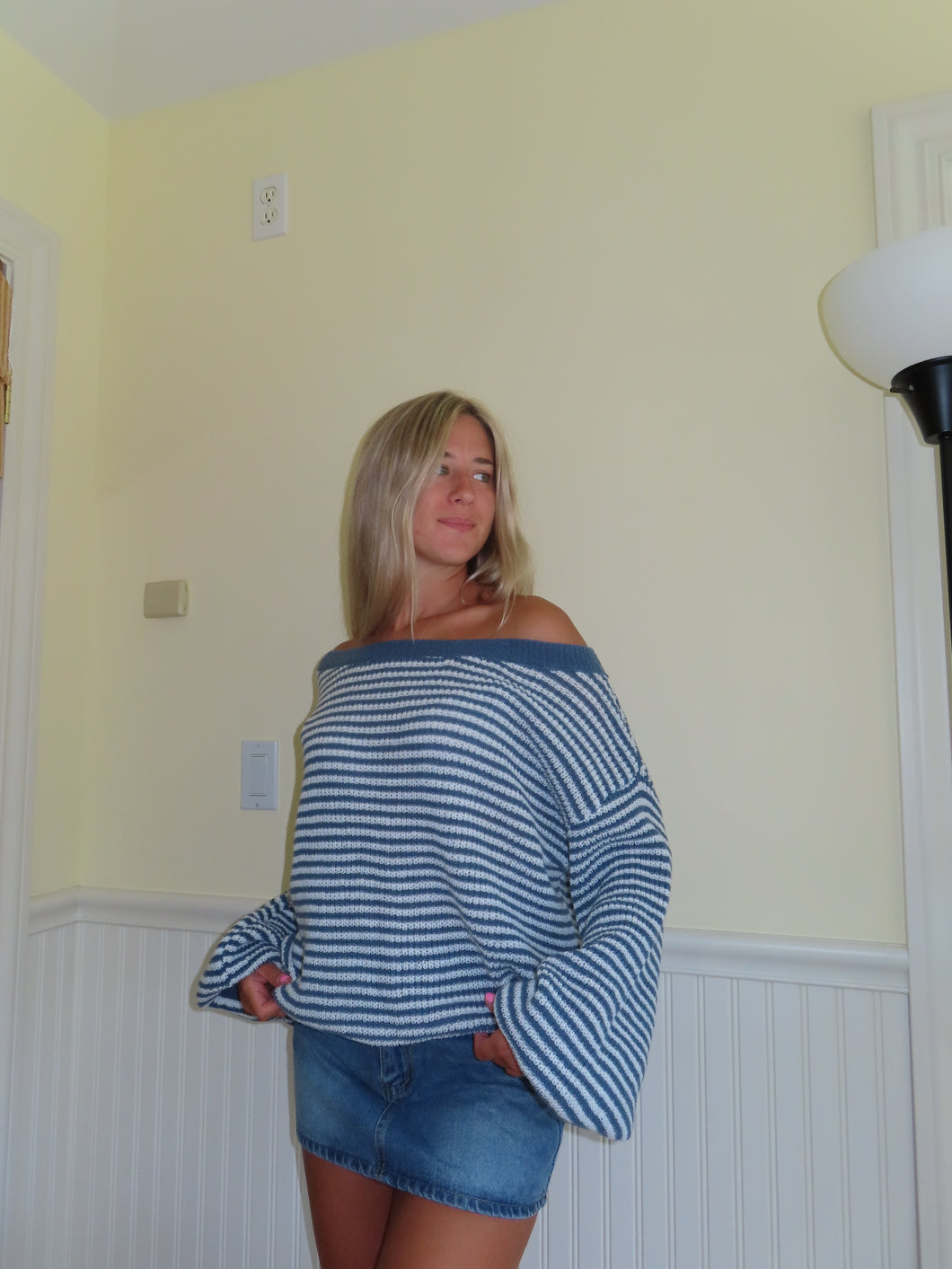 Blue Striped off the shoulder Top