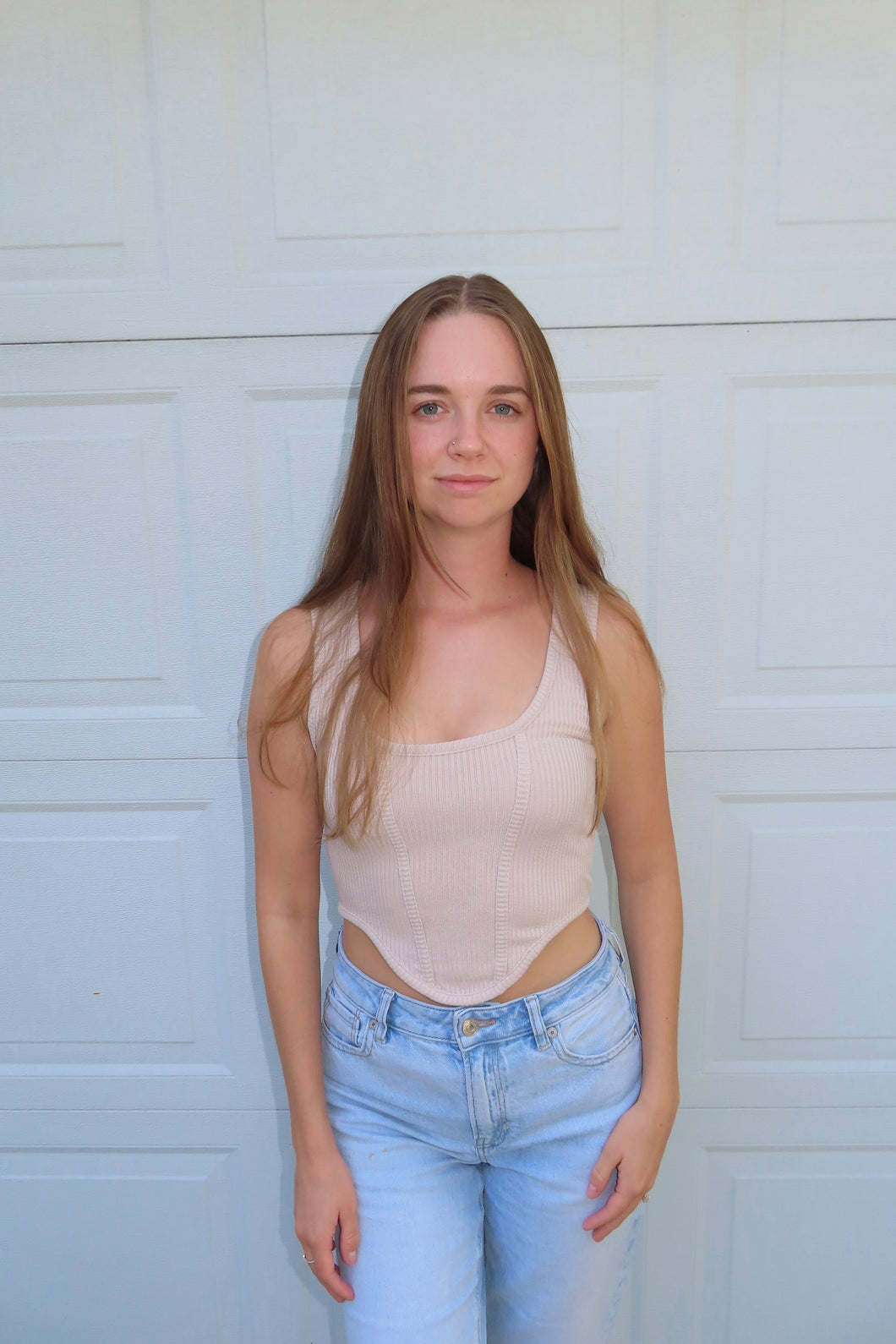 Beige Ribbed Corset Tank Top | Trendy Fitted Crop Top