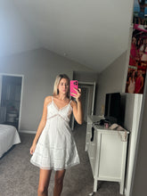 Load image into Gallery viewer, Person taking a mirror selfie wearing a white dress in a room with a desk and computer.
