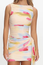 Load image into Gallery viewer, Shop the Pastel Watercolor Mesh Ruched Mini Dress featuring a flattering bodycon fit, side tie detail, and dreamy watercolor print for summer events.
