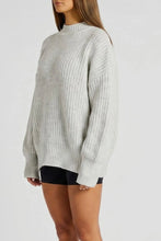 Load image into Gallery viewer, Light gray oversized chunky knit mock neck sweater with long sleeves and ribbed details, perfect for cozy fall and winter outfits.
