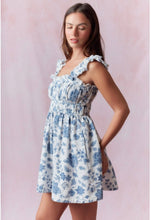Load image into Gallery viewer, Blue Toile Ruffle Strap Mini Dress
