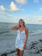 Load image into Gallery viewer, Blue coastal tile tie-back mini dress
