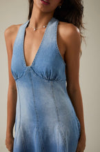 Load image into Gallery viewer, Coastal Breeze Denim Halter Mini Dress - Juniper

