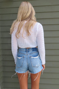 White Crochet Tie Front Cardigan