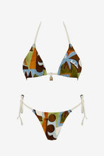 Load image into Gallery viewer, A two-piece bikini set with a retro abstract pattern in shades of brown, green, blue, and orange, featuring white strings and a small gold padlock detail on the top.
