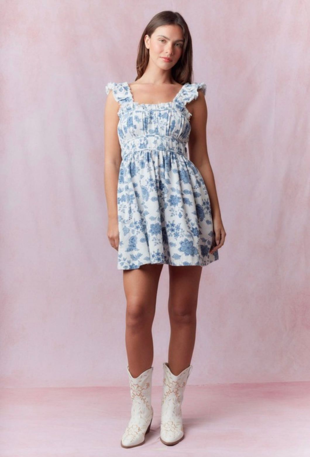 Blue Toile Ruffle Strap Mini Dress