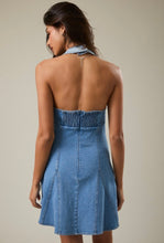 Load image into Gallery viewer, Coastal Breeze Denim Halter Mini Dress - Juniper
