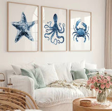 Load image into Gallery viewer, 3pcs Blue Watercolor Starfish, Octopus, Wall Art, Nautical Decor,For Home Decor/ Living Room/ Bedroom/ Office/ Hotel/ Bar Decoration, No Frame
