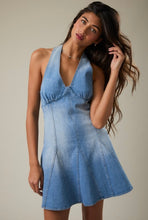 Load image into Gallery viewer, Coastal Breeze Denim Halter Mini Dress - Juniper
