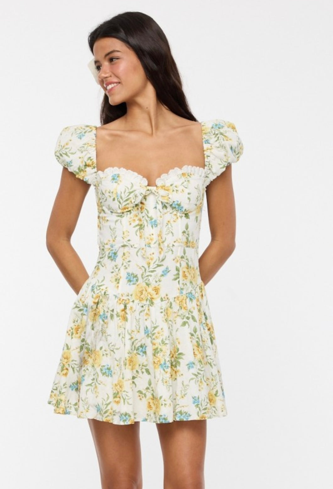 Floral Puff-Sleeve Cutout Mini Dress