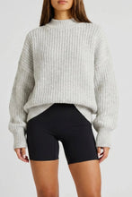 Load image into Gallery viewer, Light gray oversized chunky knit mock neck sweater with long sleeves and ribbed details, perfect for cozy fall and winter outfits.
