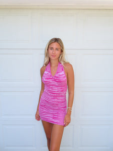 Pink Halter Knit Mini Dress | Vibrant Summer Party Dress - Juniper