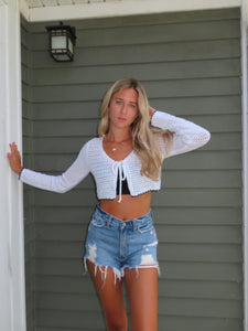 White Crochet Tie Front Cardigan
