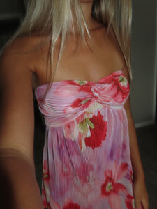 Pink Floral Pleated Strapless Mini Dress