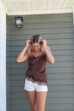 Load image into Gallery viewer, Silk Lace Trim Cami Top – Satin Spaghetti Strap Lace Tank Top (Black, Ivory, Mocha) | Elegant Lace Camisole
