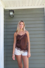 Load image into Gallery viewer, Silk Lace Trim Cami Top – Satin Spaghetti Strap Lace Tank Top (Black, Ivory, Mocha) | Elegant Lace Camisole
