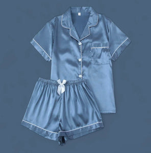 Blue and white Pajamas shorts and button up top pajama set