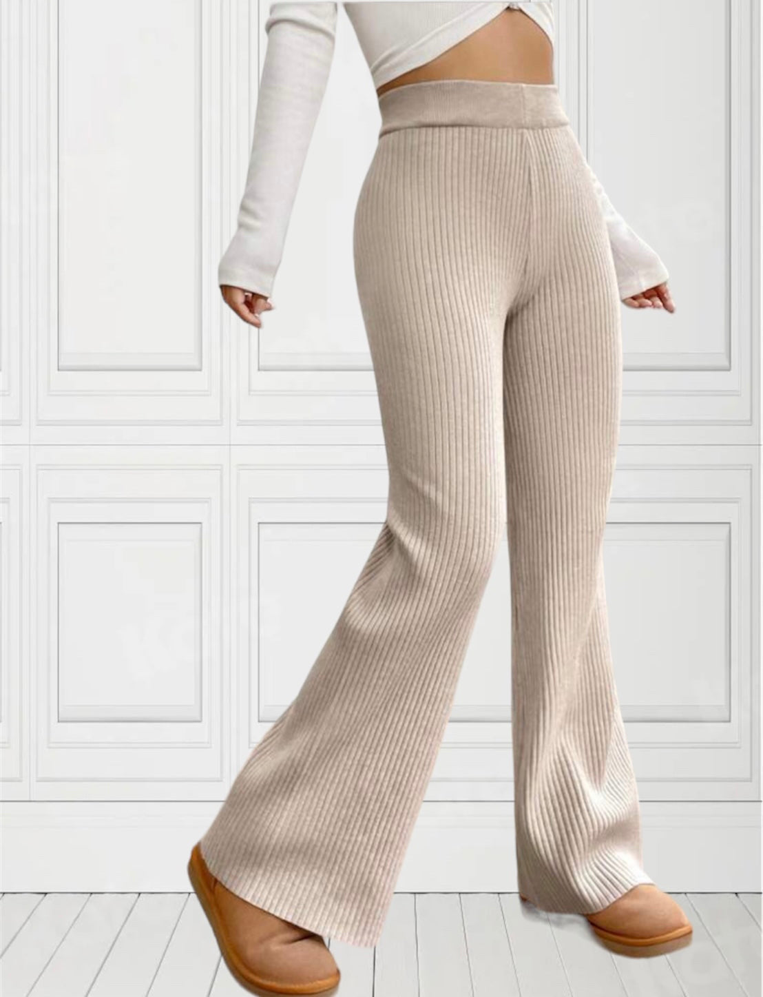 Tan Knit Ribbed Flare Pants – Juniper